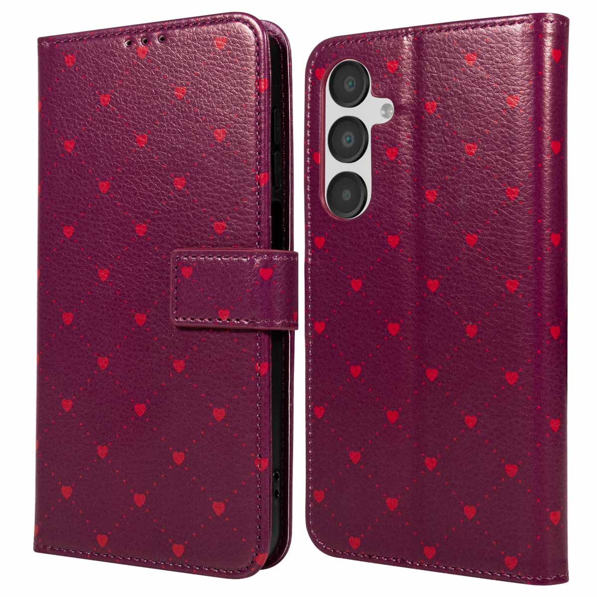 Una custodia per telefono viola con motivo a cuore è mostrata aperta. La custodia è simile alla pelle, con chiusura magnetica.