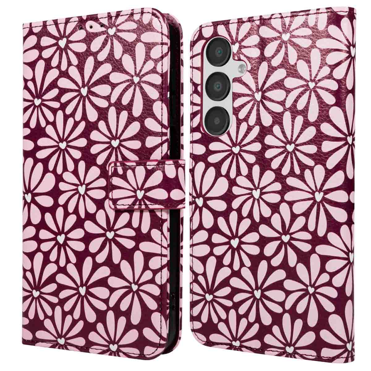Een telefoonhoesje met bloemenpatroon. De hoes is donkerrood met witte madelief-achtige bloemen. De hoes is open.