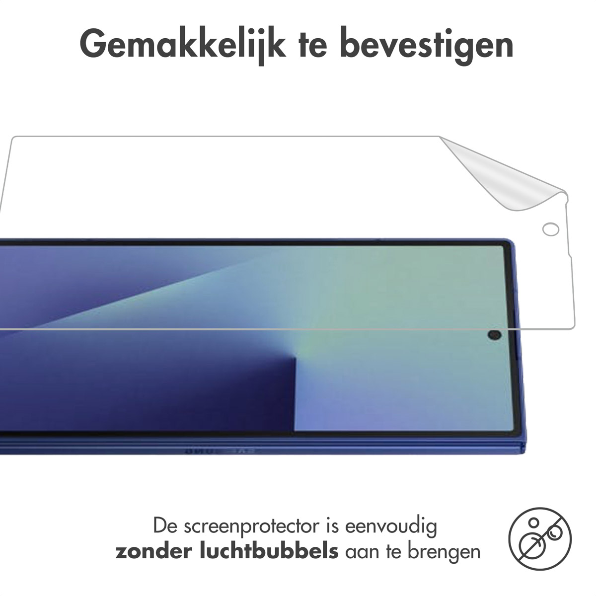 Een screenprotector over een telefoon. Tekst zegt makkelijk aan te brengen, zonder luchtbellen. Een logo zonder bellen wordt getoond.