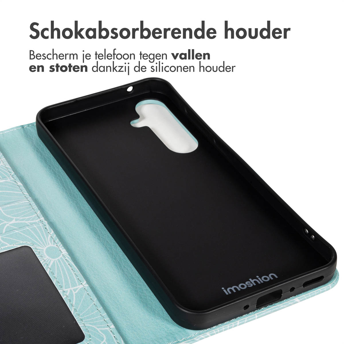 Coque de téléphone noire à l'intérieur d'une housse bleue à motifs. Le texte ci-dessus indique 'support amortissant'.
