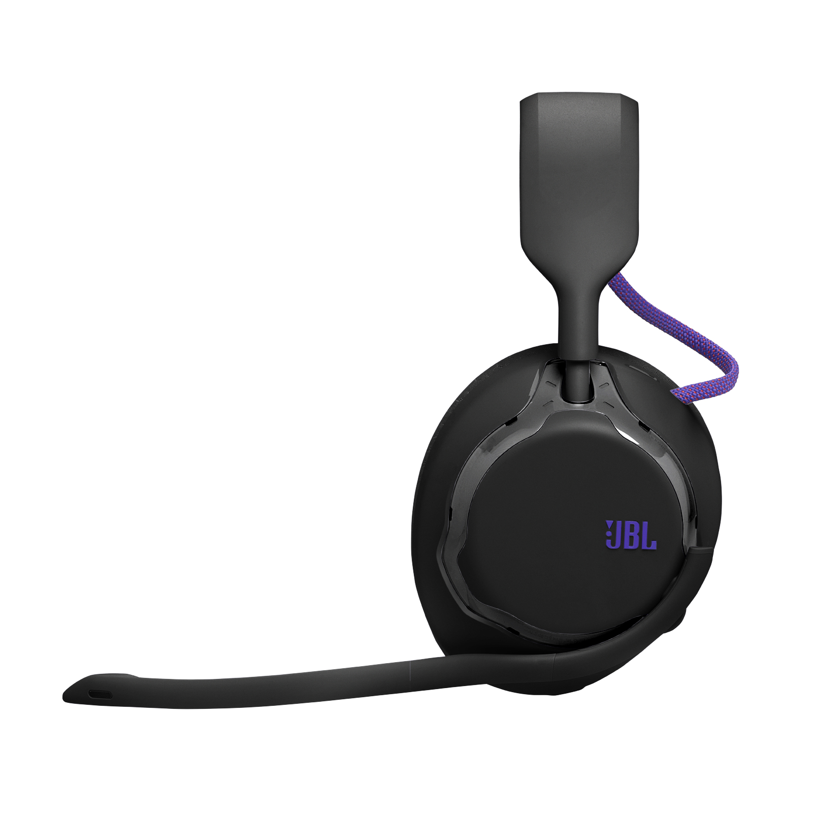 Cuffie da gioco JBL nere con cavo di accento viola. Il logo è viola. Il microfono è esteso.