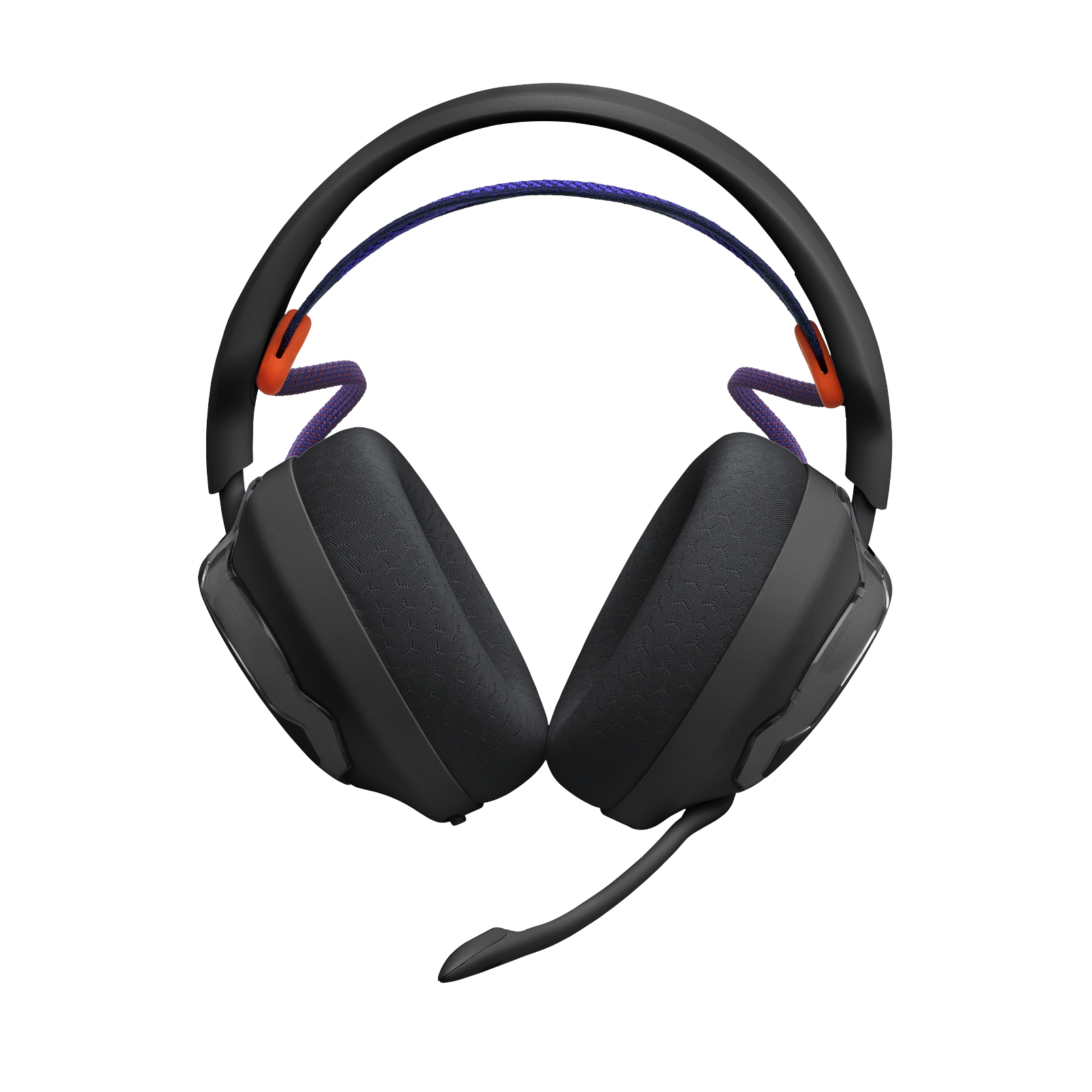 Cuffie da gioco nere con microfono. Ha una fascia viola e blu. I padiglioni sono neri con tessuto strutturato.