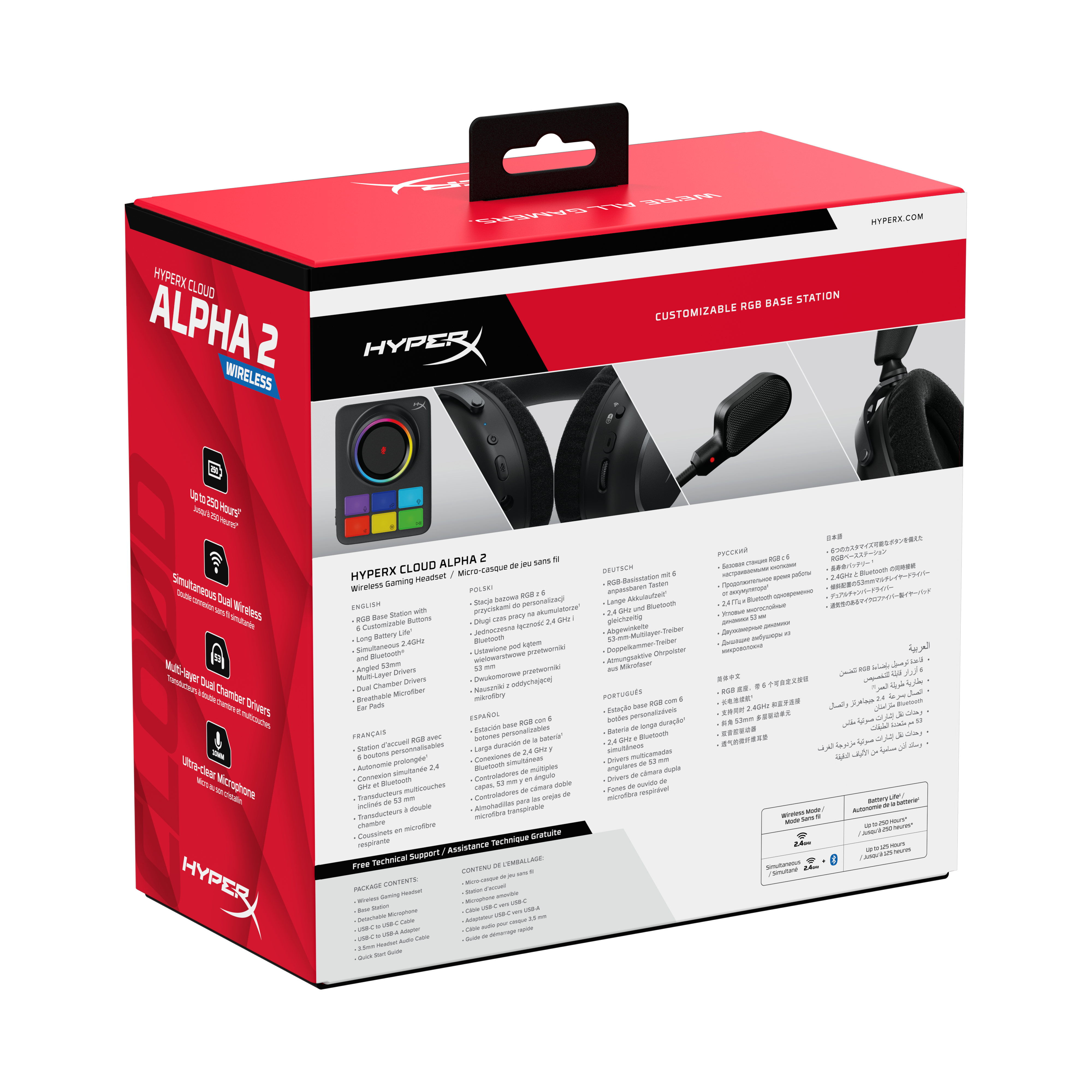 Czerwono-czarne pudełko z napisem 'HYPERX CLOUD ALPHA 2 WIRELESS' i zestaw słuchawkowy.