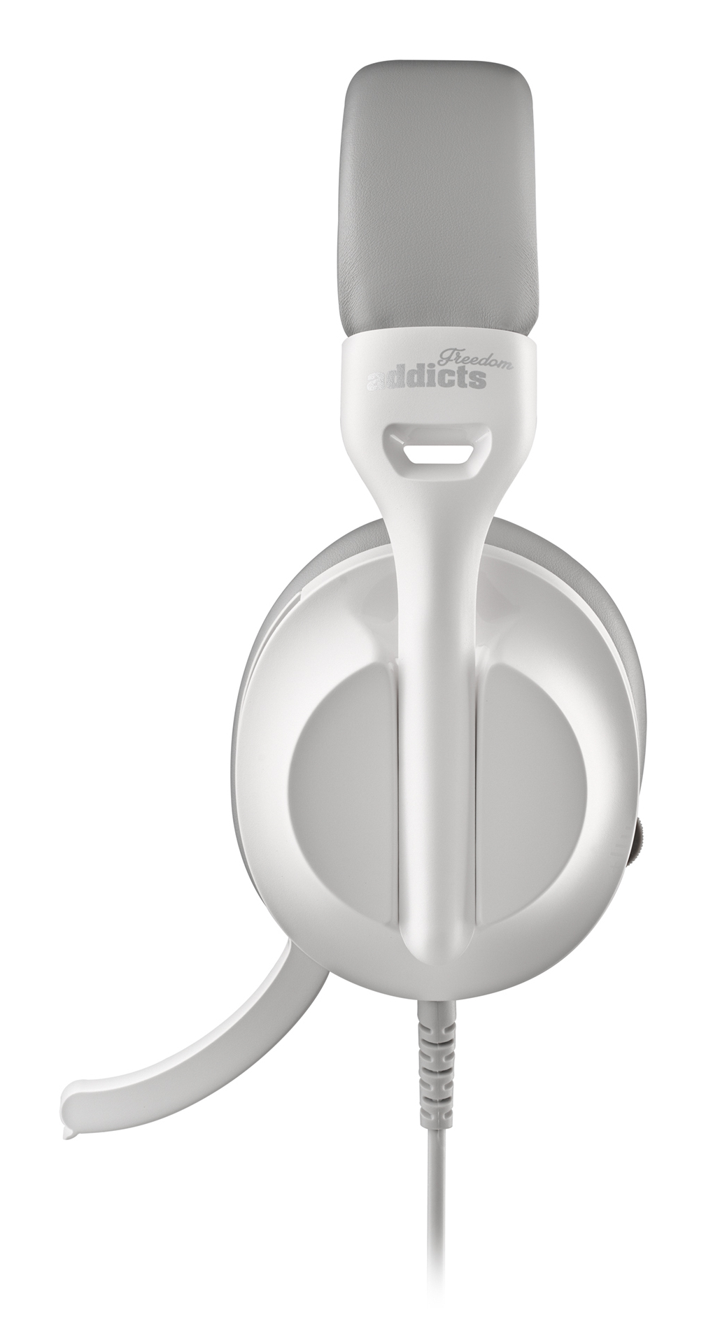 Weißes und graues Headset mit Mikrofon. Das Headset hat eine gepolsterte Oberseite und Ohrmuscheln.