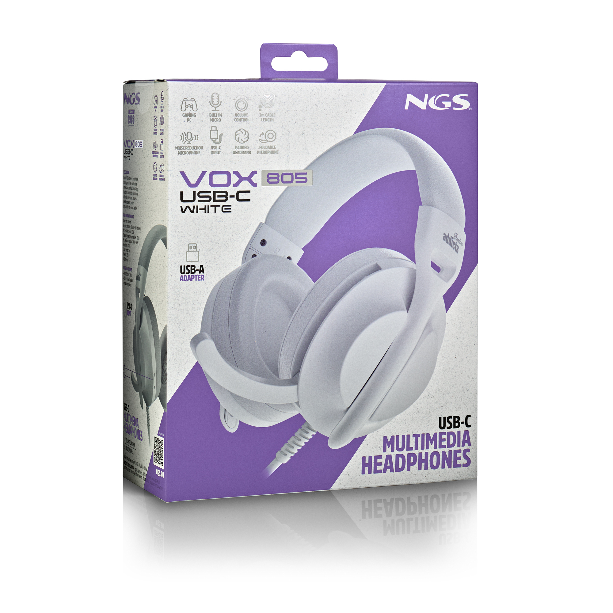 Weiße NGS VOX 805 USB-C Multimedia-Kopfhörer auf einer Schachtel, mit Funktionssymbolen und einer Spiegelung.