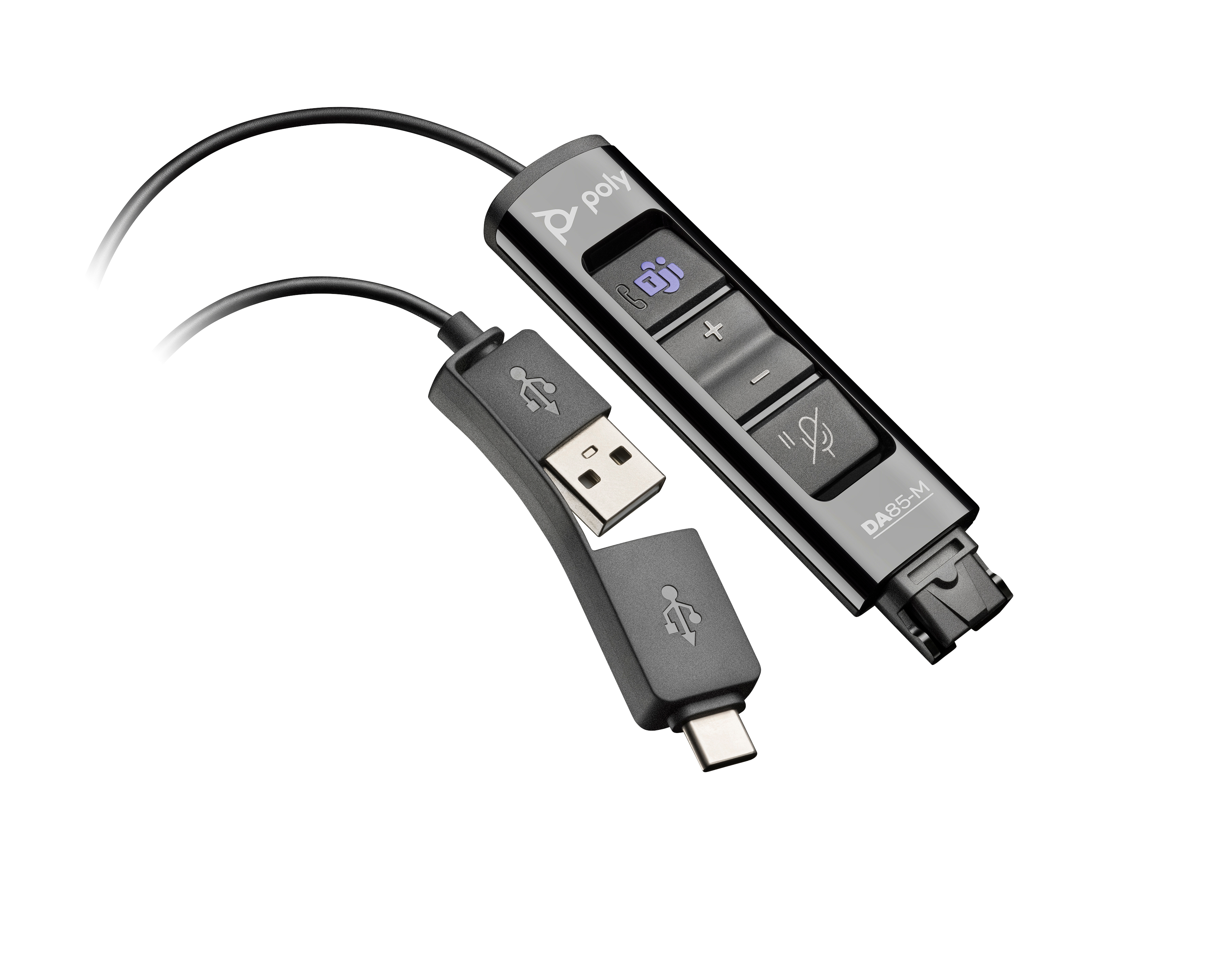 Ein schwarzer Poly DA85-M Headset-Adapter mit USB- und USB-C-Anschlüssen, isoliert auf weißem Hintergrund.