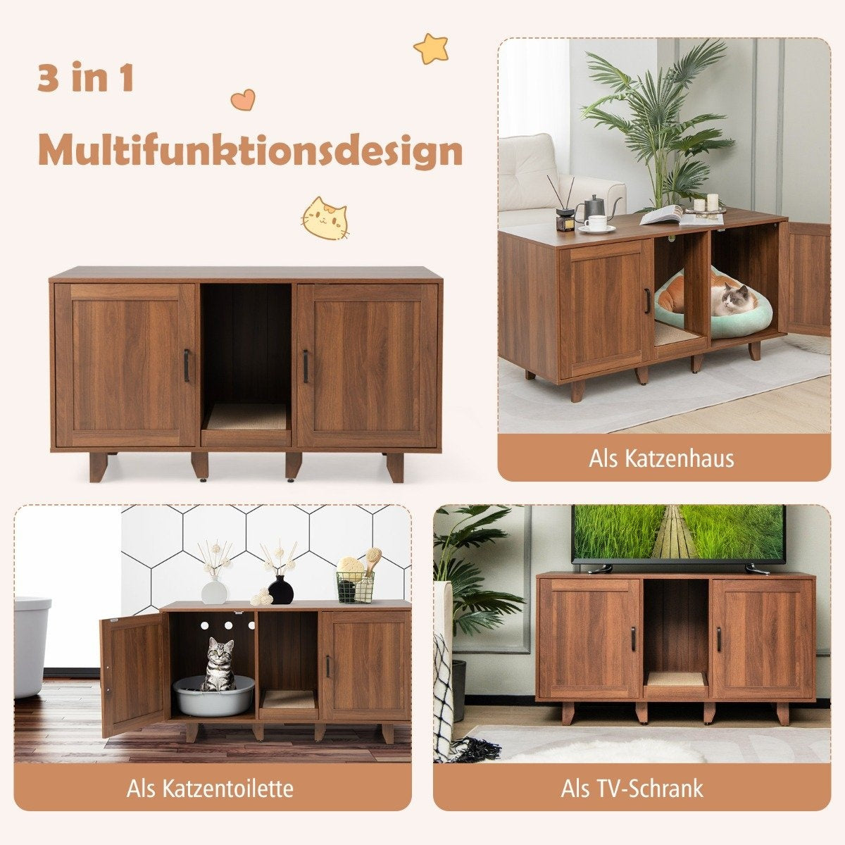Un armario de madera con múltiples usos: casa para gatos, inodoro para gatos y soporte para TV. Cada función se muestra con elementos relacionados.