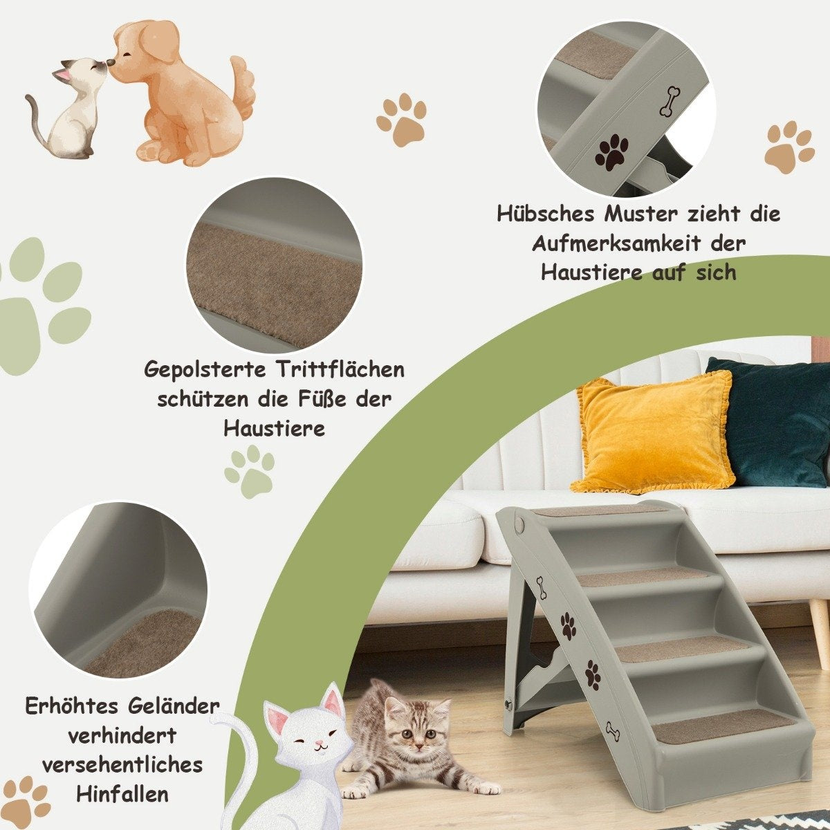 Un escalón para mascotas con huellas de patas, un gato, un perro y almohadas decorativas. Los escalones tienen superficie antideslizante y lados altos.