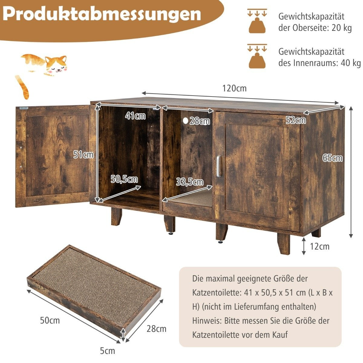 Un mueble marrón para gatos con dimensiones etiquetadas, incluyendo una puerta abierta. Un rascador está al frente.