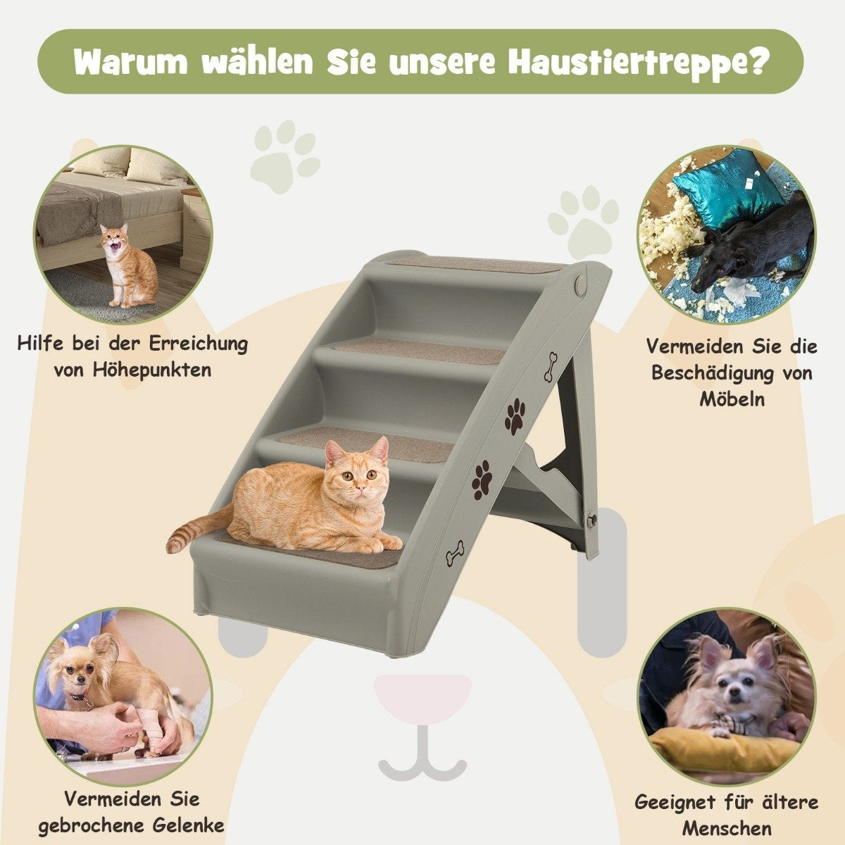Una escalera para mascotas con imágenes de gatos y perros. Destaca beneficios como evitar daños en muebles y ayudar a mascotas mayores.