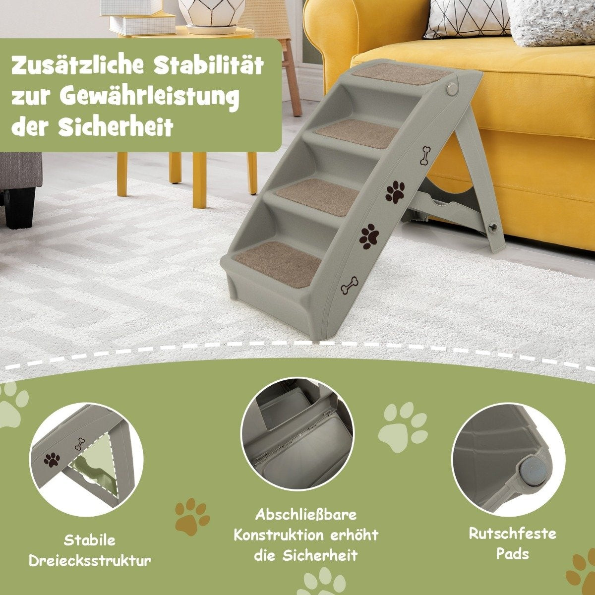 Un escalón gris para mascotas con tres escalones. Cada escalón tiene una alfombra marrón. Huellas de patas e iconos de huesos en el lado.