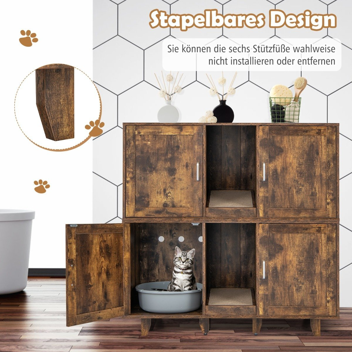 Un armario de madera para arenero. Un gato está dentro del armario abierto. Objetos decorativos en la parte superior y el fondo es una pared de baldosas blancas.