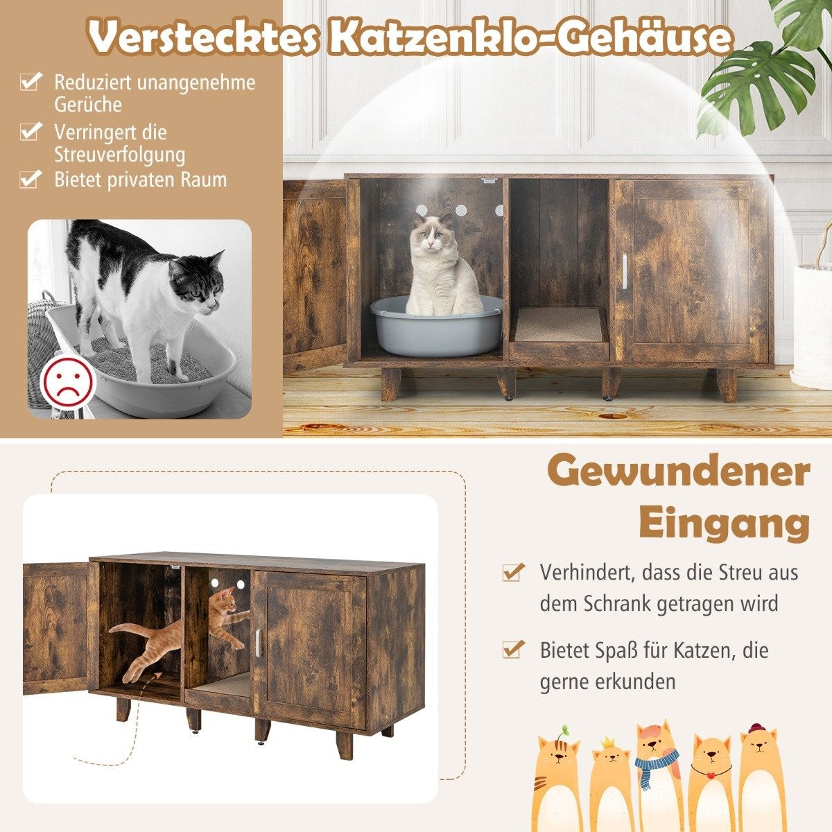 Una caja de arena para gatos de madera con tres compartimentos. Se muestran dos gatos usando la caja. El texto describe características como la reducción de olores y la privacidad.