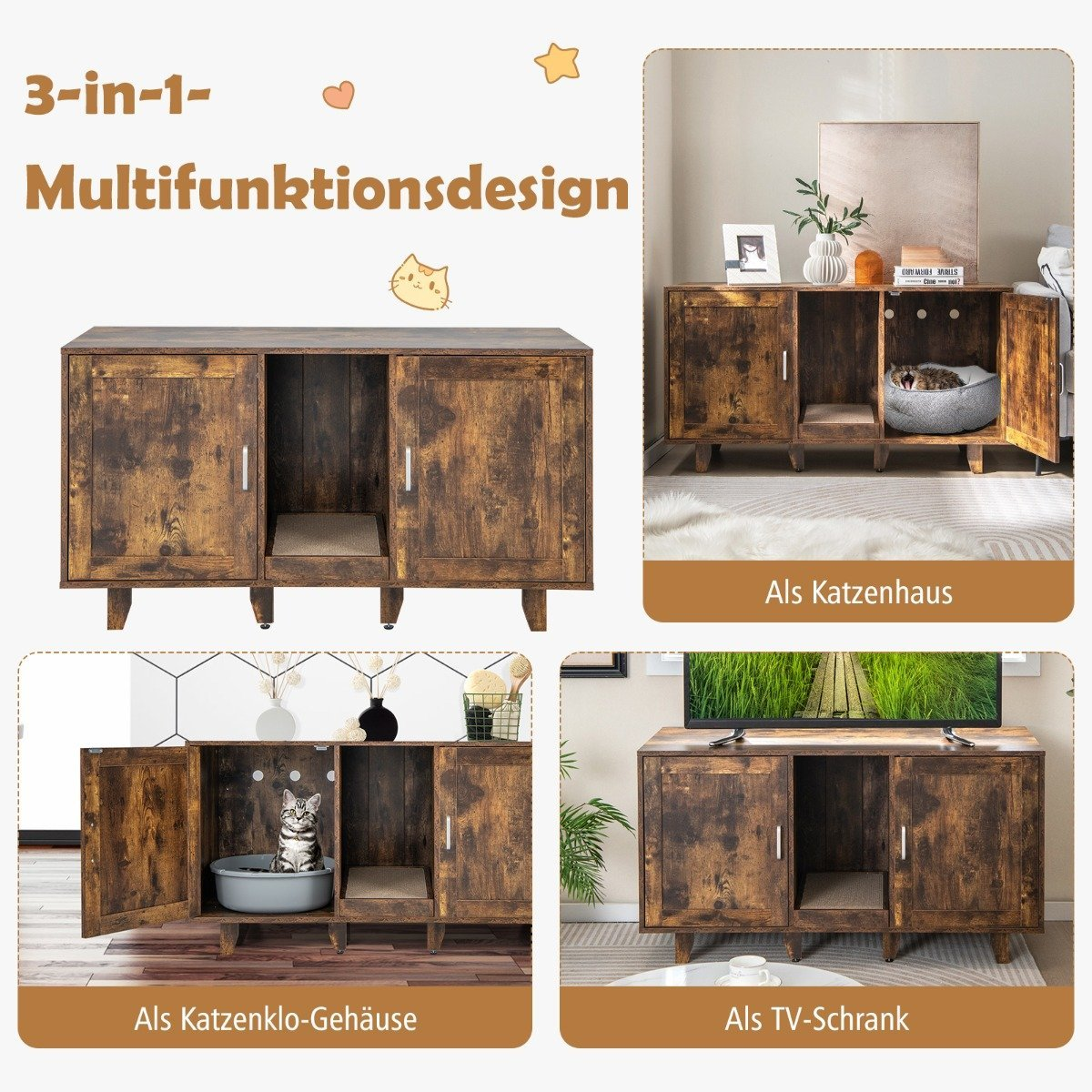 Un mueble de madera multifuncional. Se puede usar como casa para gatos, recinto para arenero o soporte para TV. Con diseño 3 en 1.