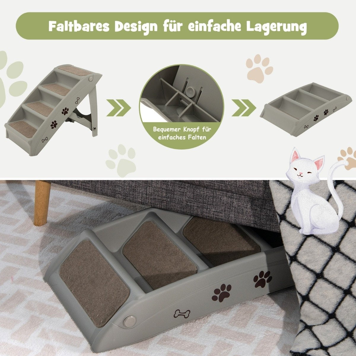 Una escalera plegable para mascotas en gris. Los escalones tienen almohadillas marrones. La imagen muestra la escalera plegada y desplegada, con una ilustración de gato.
