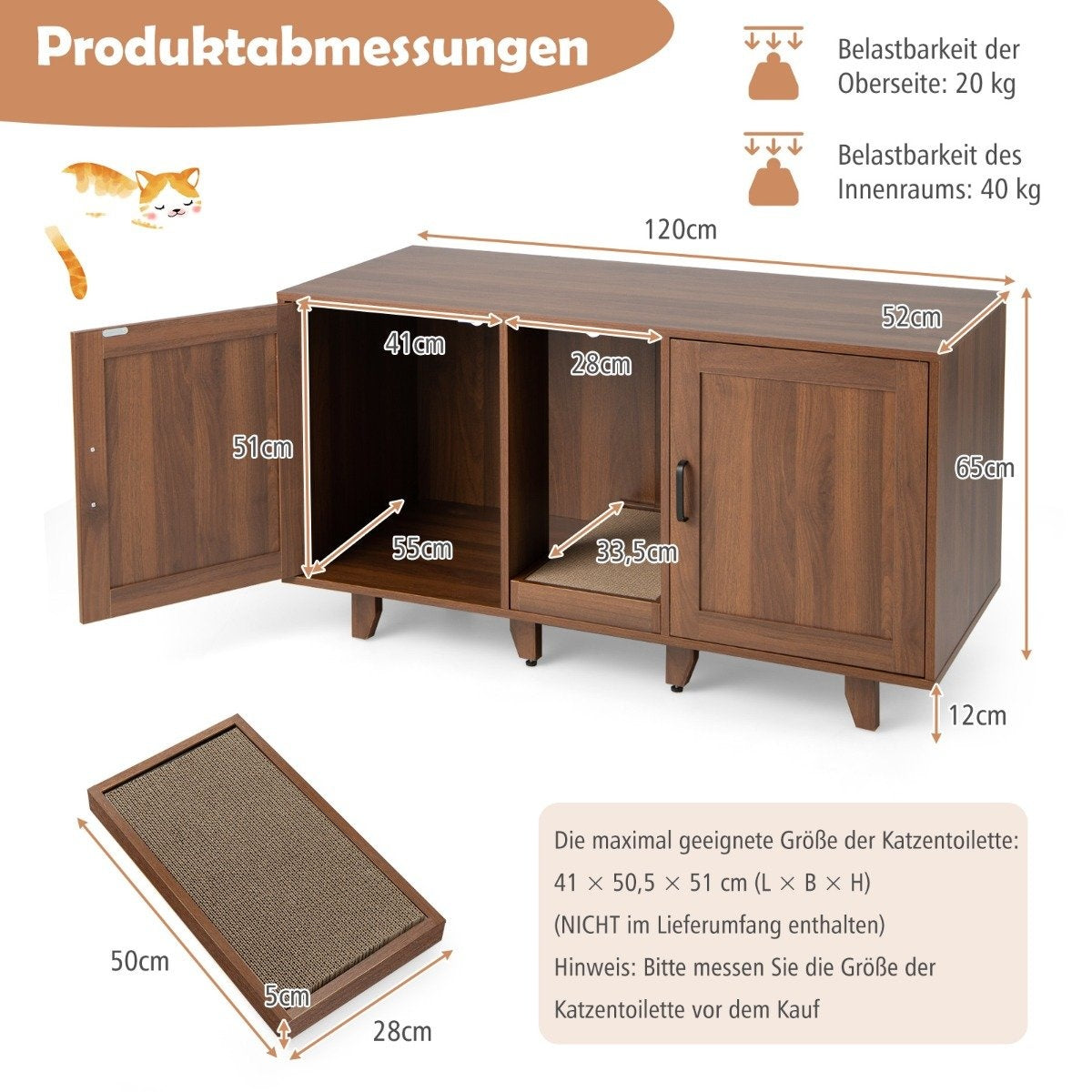Casa para gatos de madera con puerta abierta, rascador y dimensiones. Incluye tamaño máximo del inodoro.