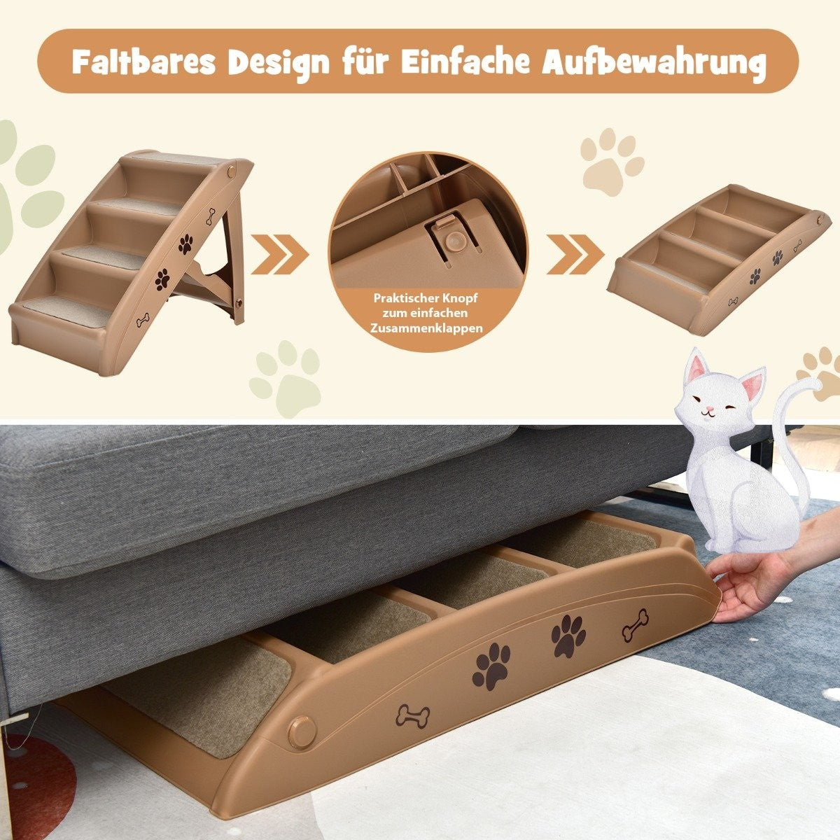 Se muestra una escalera plegable para mascotas y una ilustración con forma de gato. La escalera es marrón, con huellas y huesos.