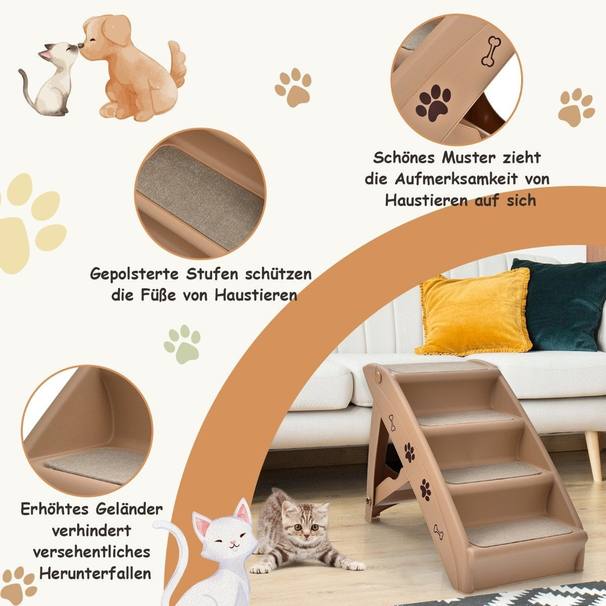 Una escalera para mascotas con huellas de patas y diseños de huesos. Un gato y un gatito están cerca de la escalera. Un perro y un gato están dibujados besándose.