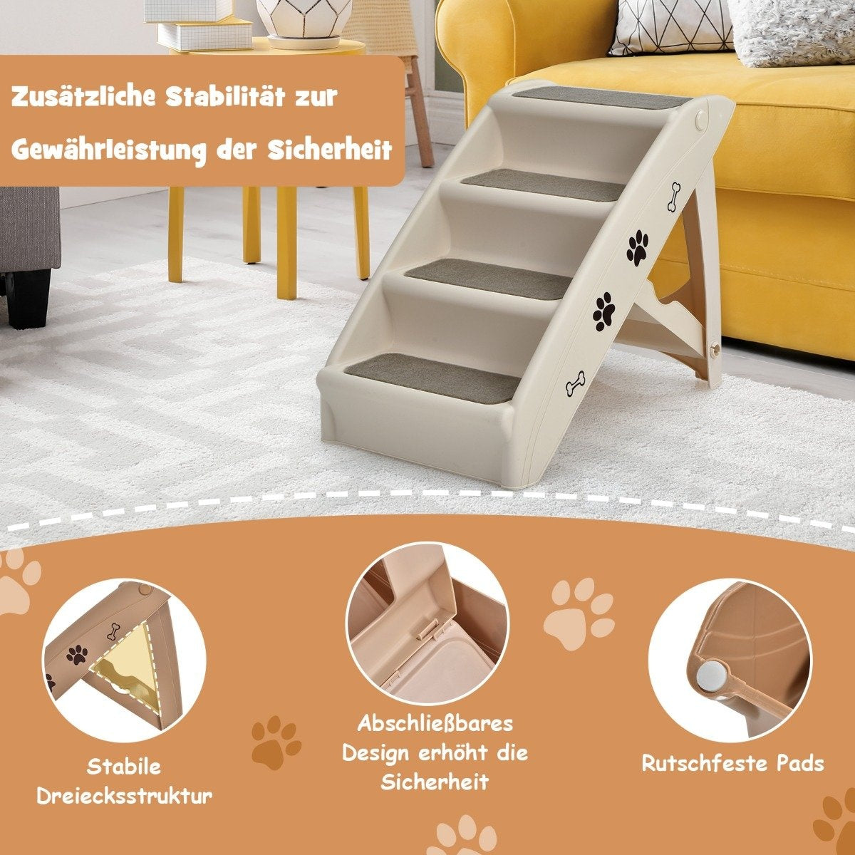 Escaleras beige para mascotas con peldaños grises, huellas de patas e ilustraciones de huesos. Tiene estructura triangular estable y almohadillas antideslizantes.