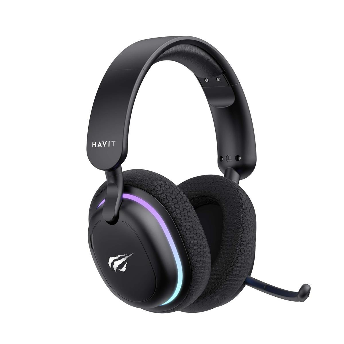 Czarne słuchawki gamingowe Havit z podświetleniem RGB. Posiadają wbudowany mikrofon, wyściółkę nauszników i logo marki.