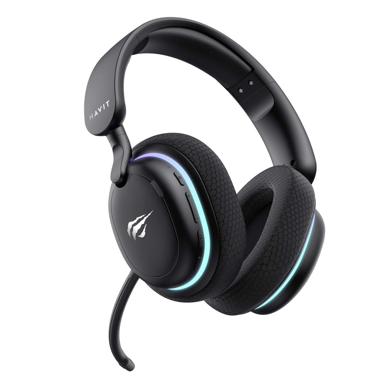 Czarne słuchawki dla graczy HAVIT z podświetleniem RGB. Posiadają mikrofon i nauszniki z sześciokątnym wzorem. Wyizolowane na białym tle.