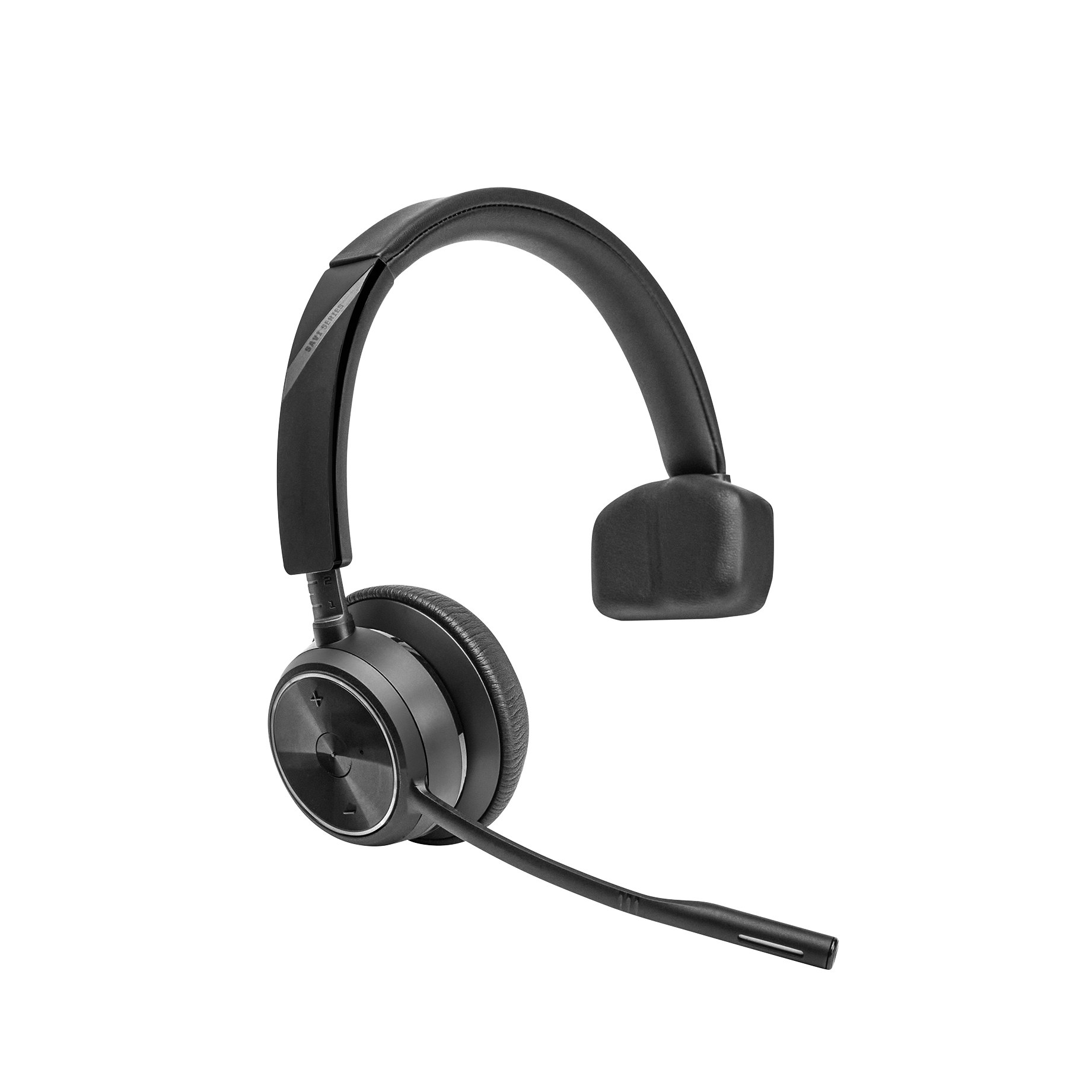 Cuffie wireless nere con microfono. Hanno archetto e padiglione imbottiti. Lo sfondo è bianco.