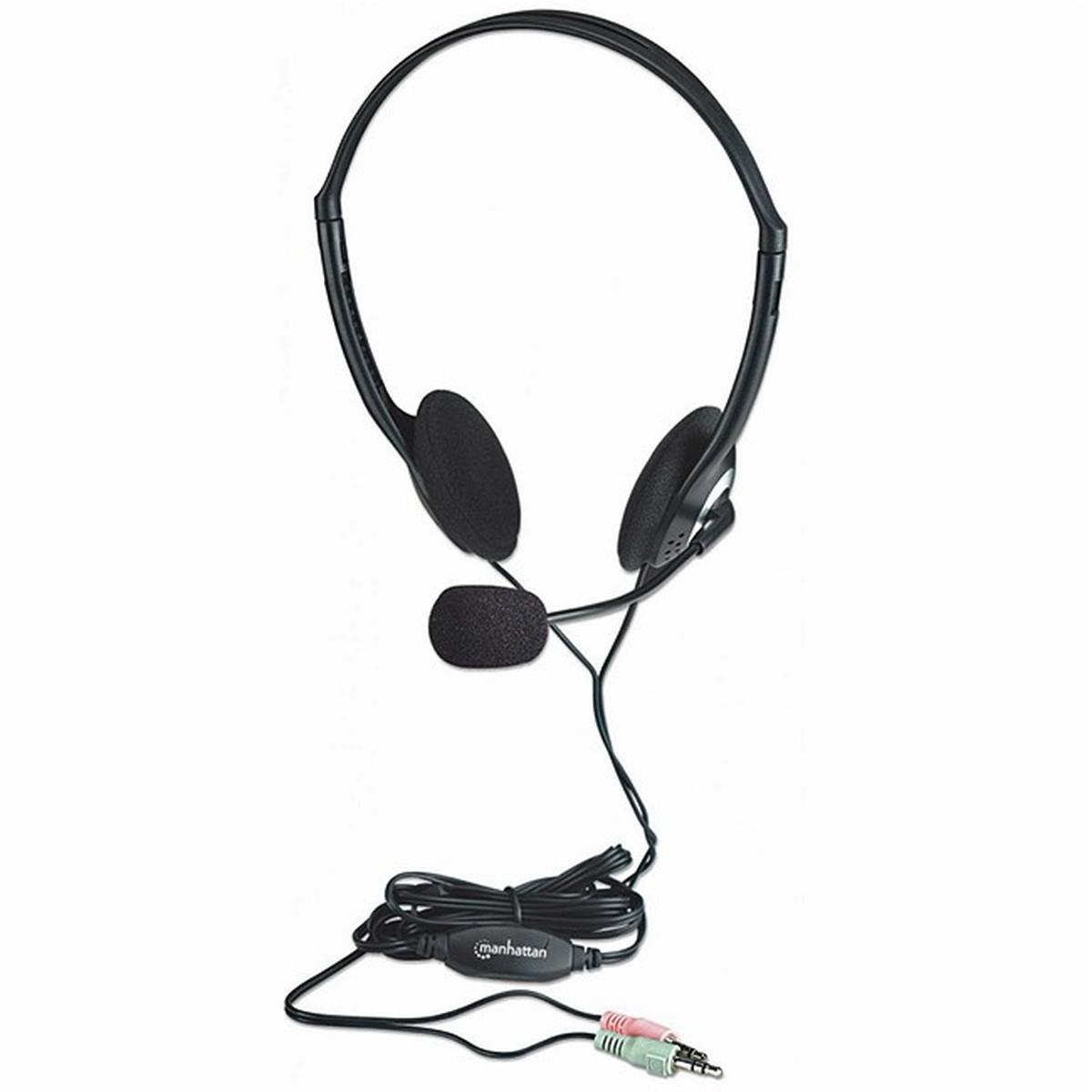 Cuffie nere con microfono. Ha padiglioni auricolari, archetto e cavo con connettori. Il marchio 'manhattan' è visibile.