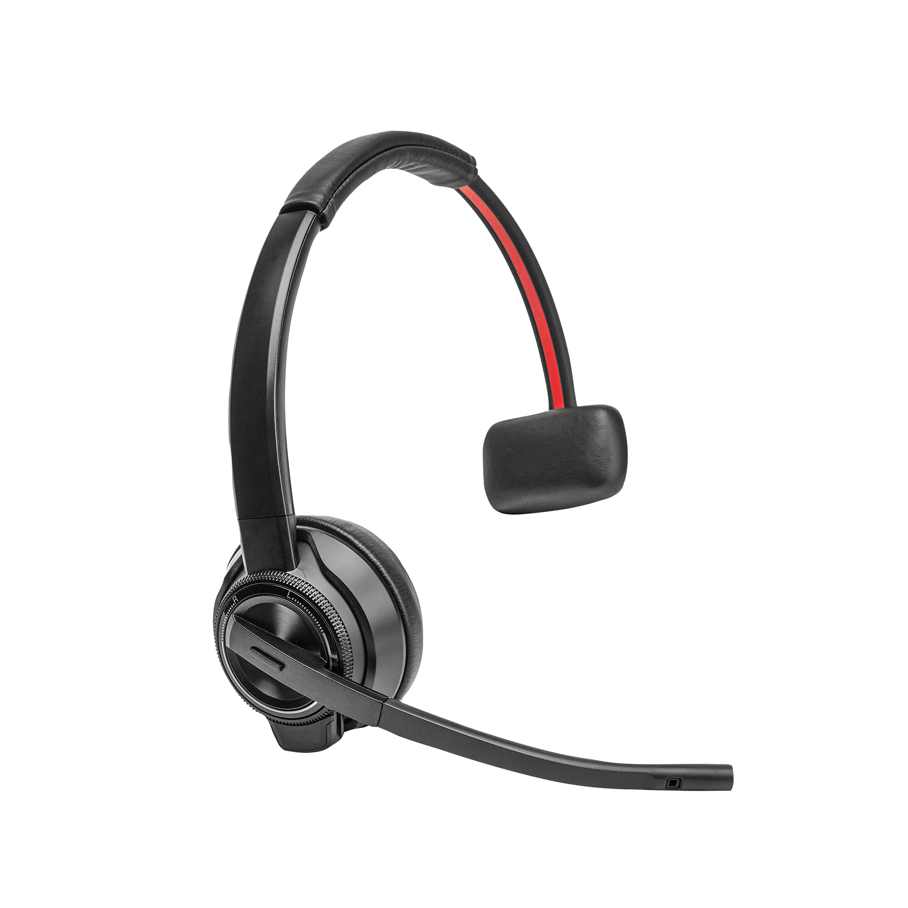 Una cuffia wireless nera con microfono. La fascia ha una striscia rossa. Isolato su sfondo bianco.