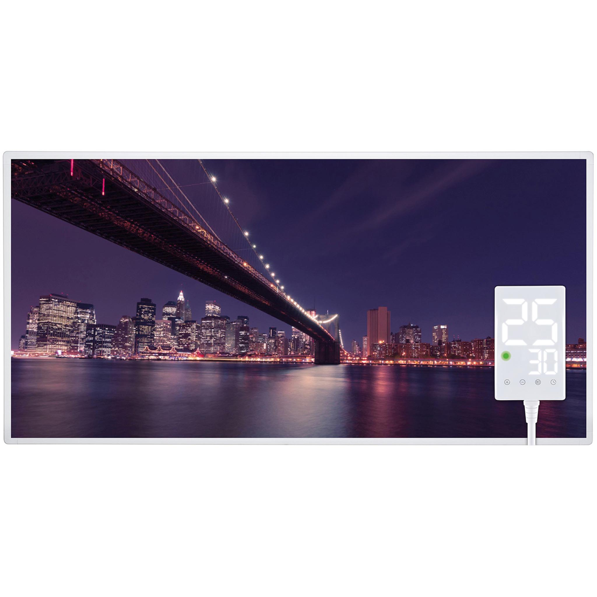 Nachtansicht der Brooklyn Bridge und der Skyline der Stadt. Ein digitales Display zeigt die Temperatur. Die Szene ist in einem weißen Rahmen eingefasst.