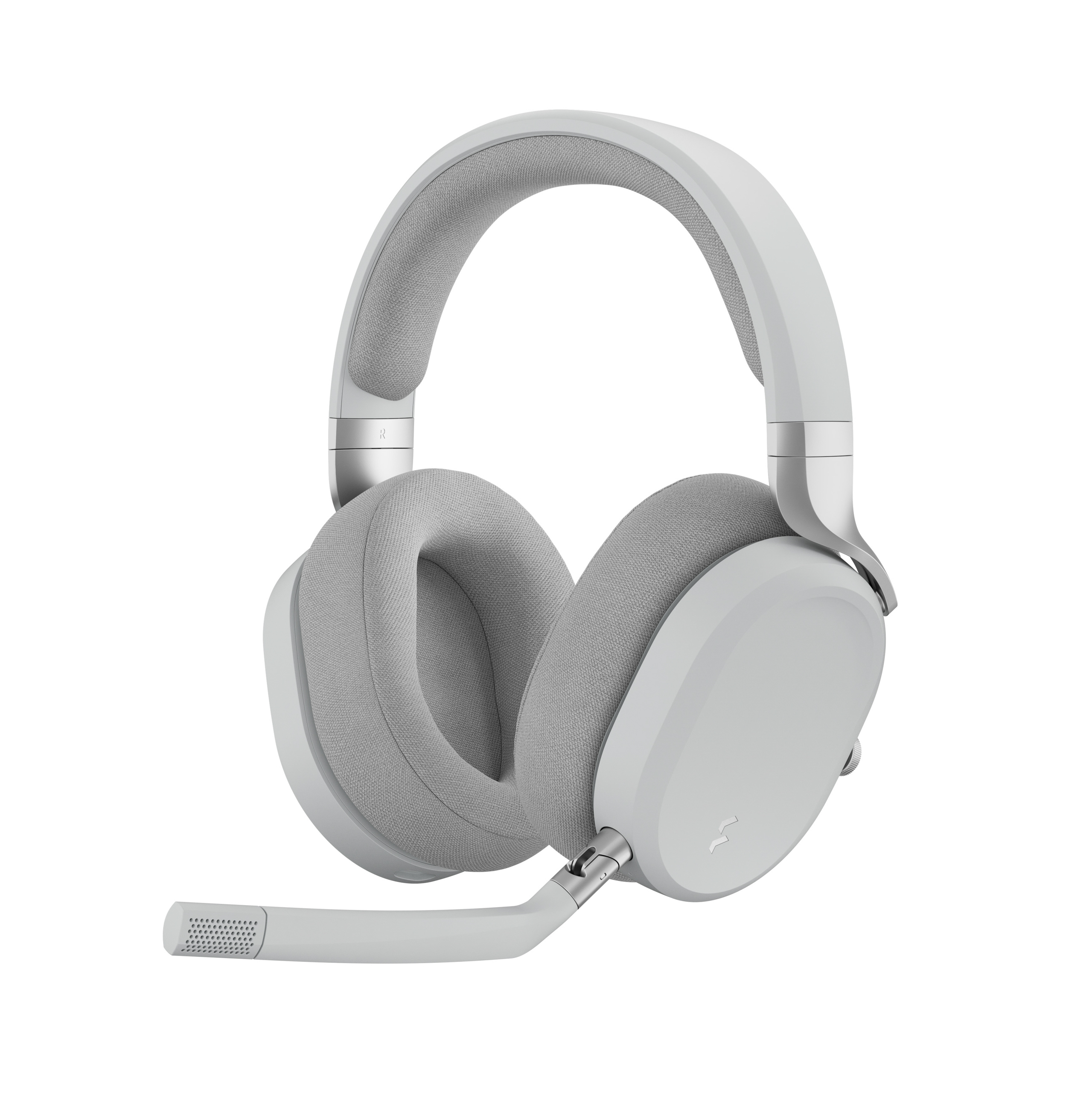Ein weißes Headset mit grauen Ohrmuscheln und einem Mikrofon. Der Hintergrund ist weiß.