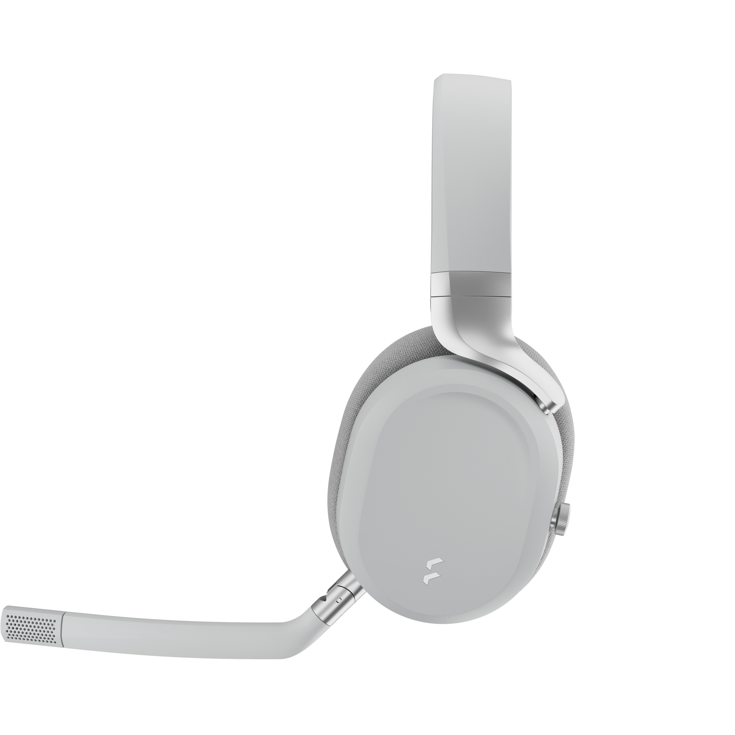 Ein hellgraues Headset mit Mikrofon. Der Hintergrund ist weiß.