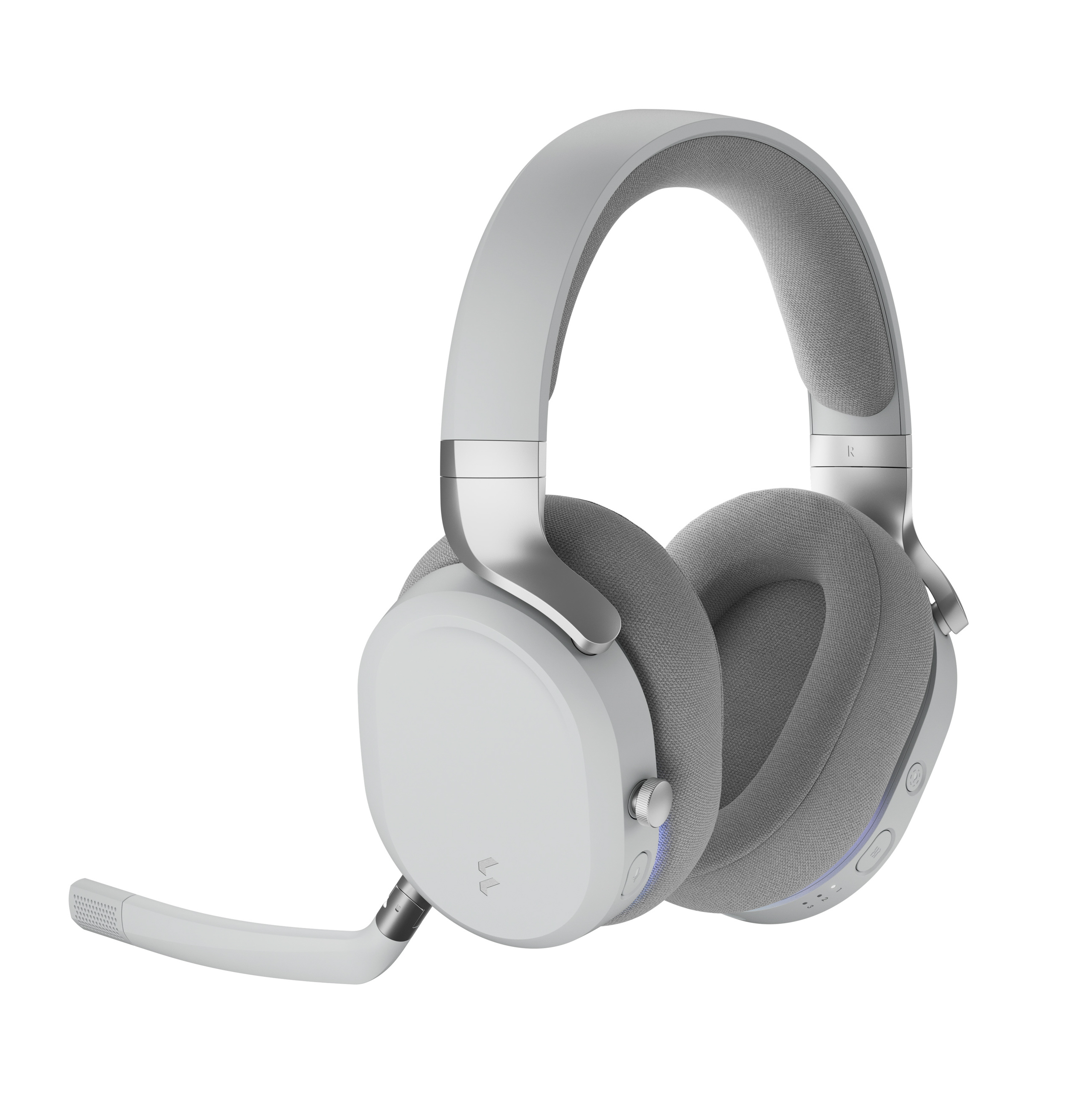 Weiße und graue Over-Ear-Kopfhörer mit Mikrofon. Die Ohrmuscheln sind gepolstert, und das Kopfband ist verstellbar. Der Hintergrund ist weiß.