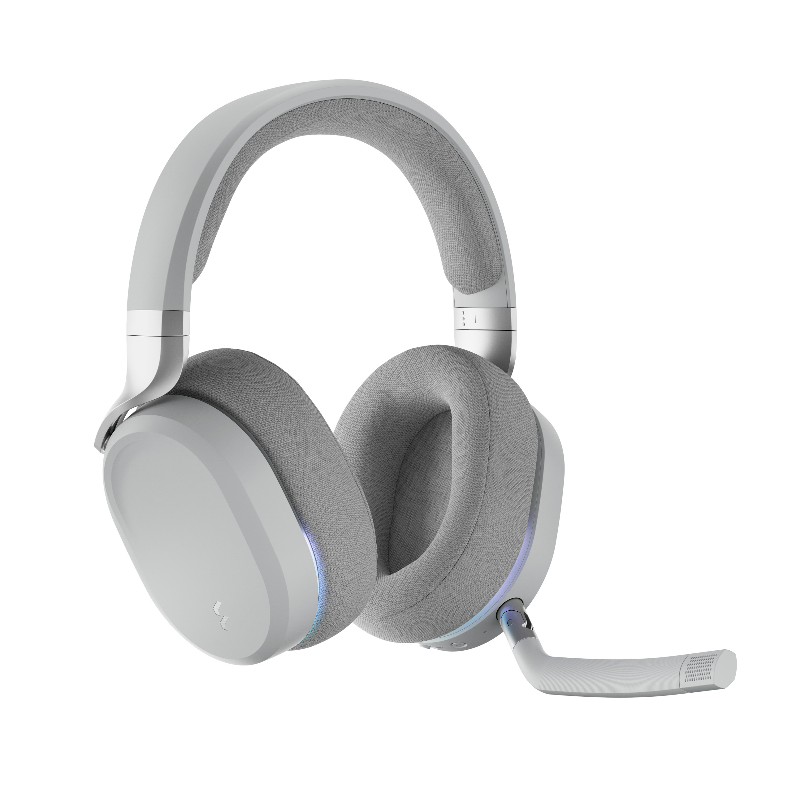 Graues Headset mit Mikrofon auf weißem Hintergrund. Die Ohrmuscheln und der Kopfbügel sind gepolstert.