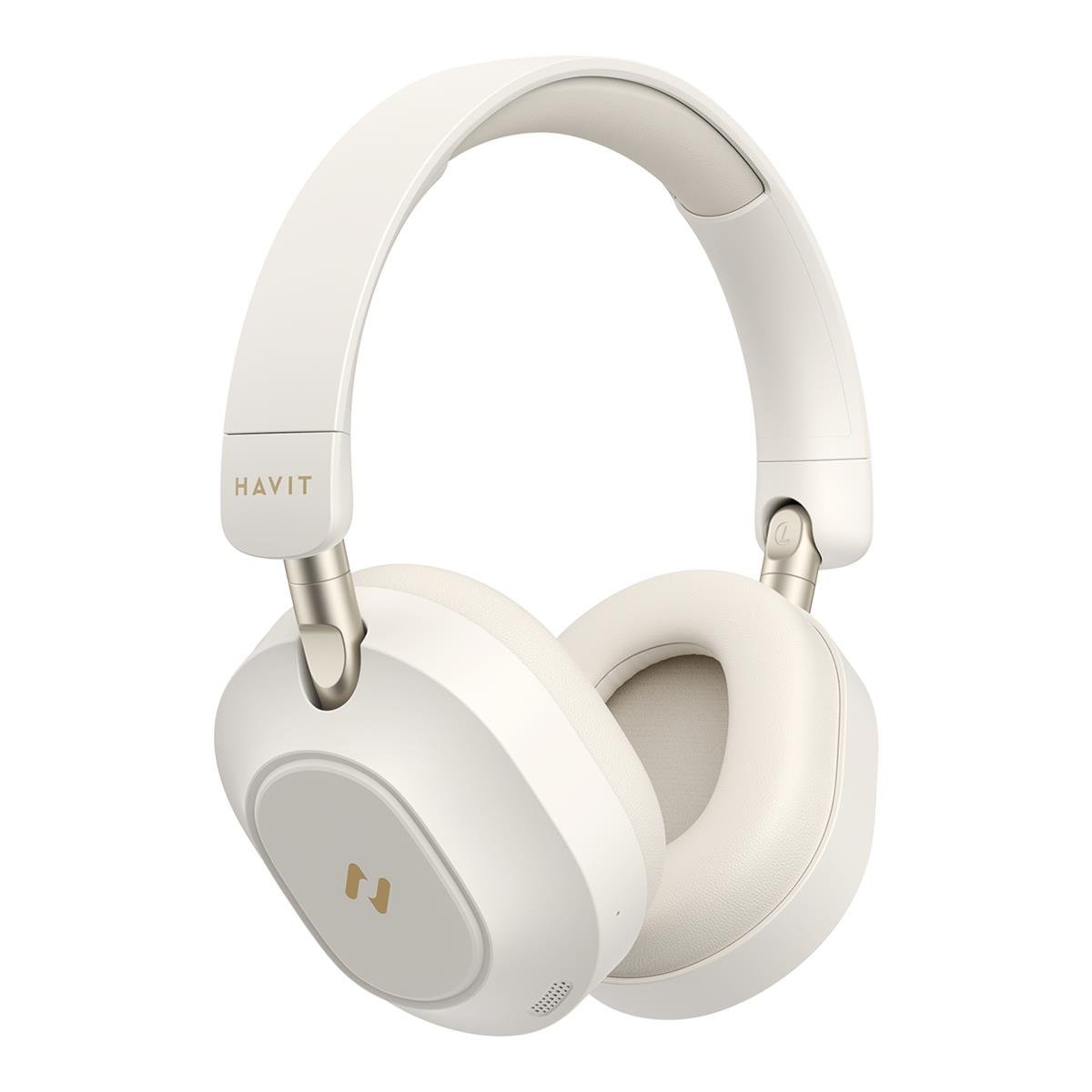 Białe słuchawki HAVIT ze złotymi akcentami. Słuchawki mają wyściełany pałąk i nauszniki na białym tle.