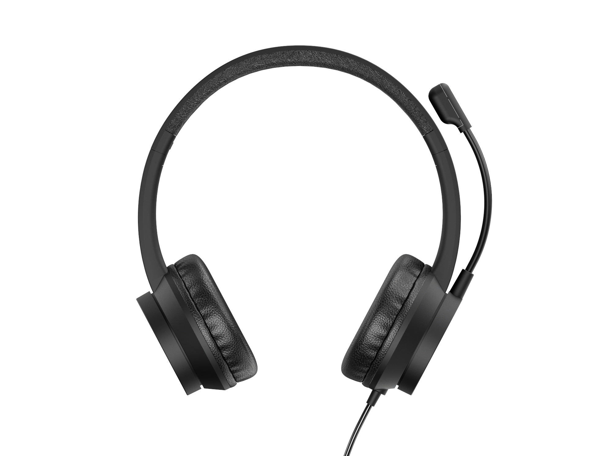 Cuffie nere con microfono. Le cuffie hanno padiglioni auricolari e una fascia imbottita. Un cavo si estende dall'auricolare destro.
