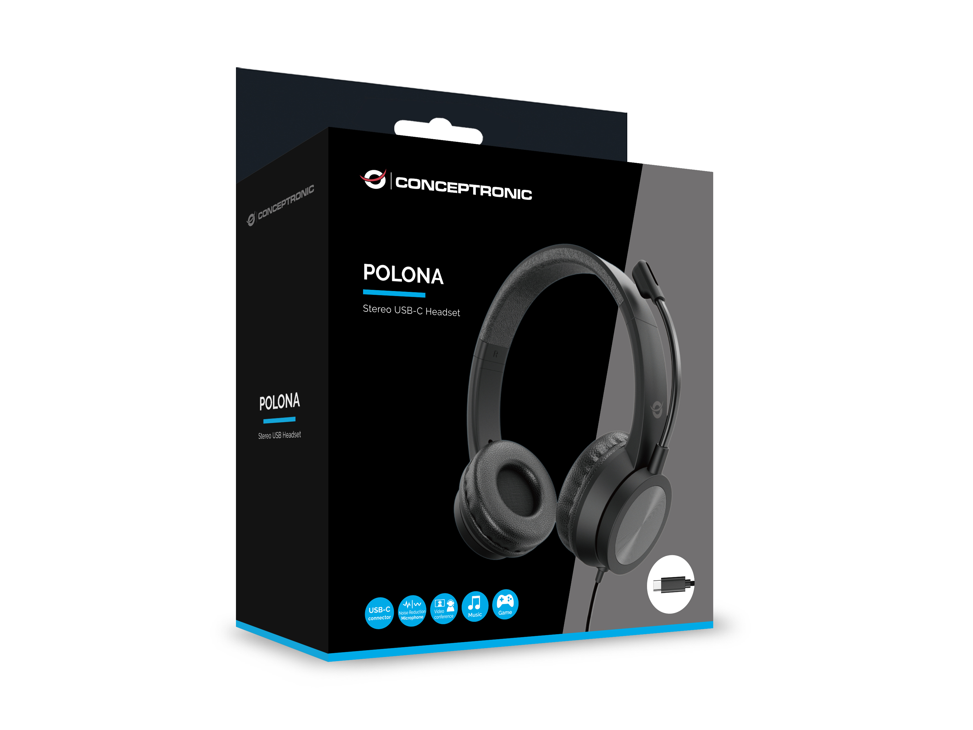 Una scatola nera con l'immagine di un'auricolare. Dice POLONA Stereo USB-C Headset e Conceptronic.
