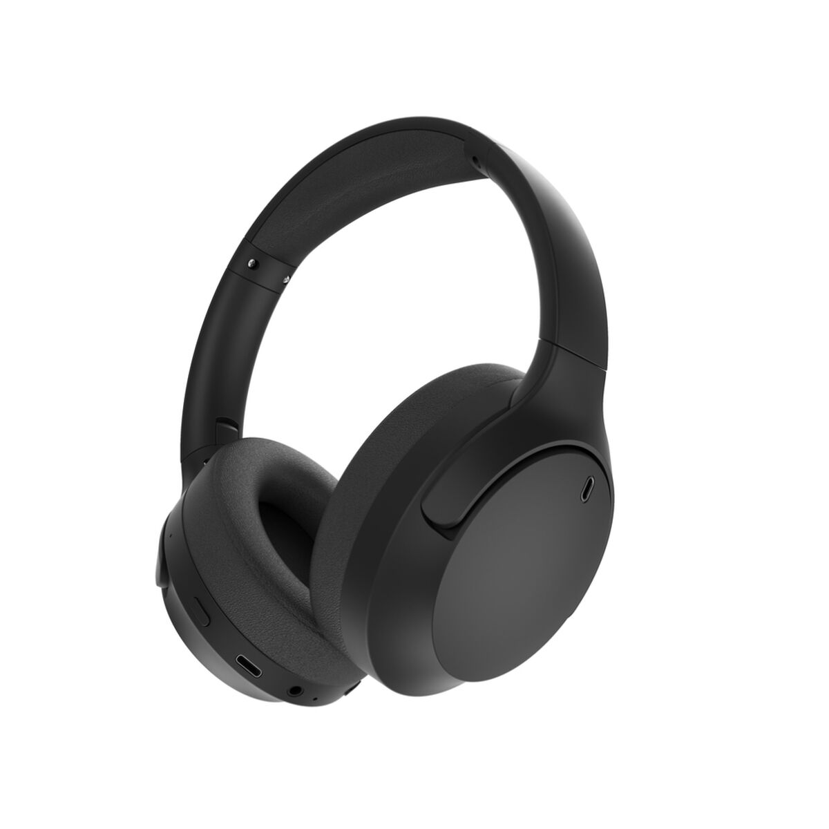 Een paar zwarte over-ear koptelefoons. De koptelefoon heeft grote oorschelpen en een gewatteerde hoofdband. De achtergrond is wit.