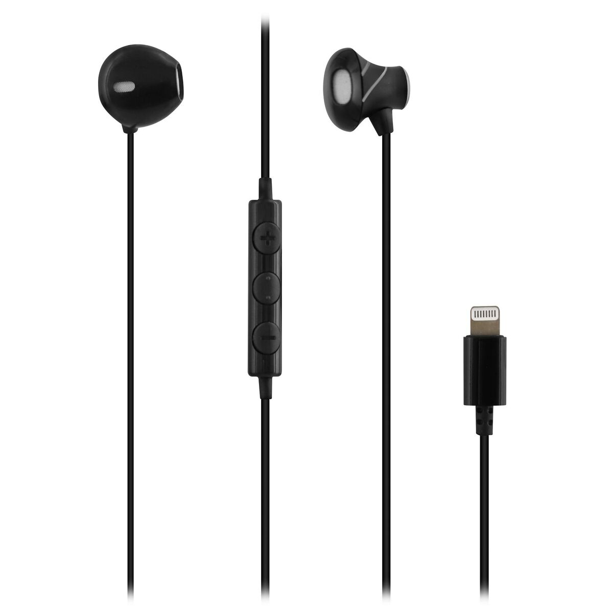 Auricolari neri con connettore Lightning. Gli auricolari hanno un pannello di controllo con pulsanti. Lo sfondo è bianco.