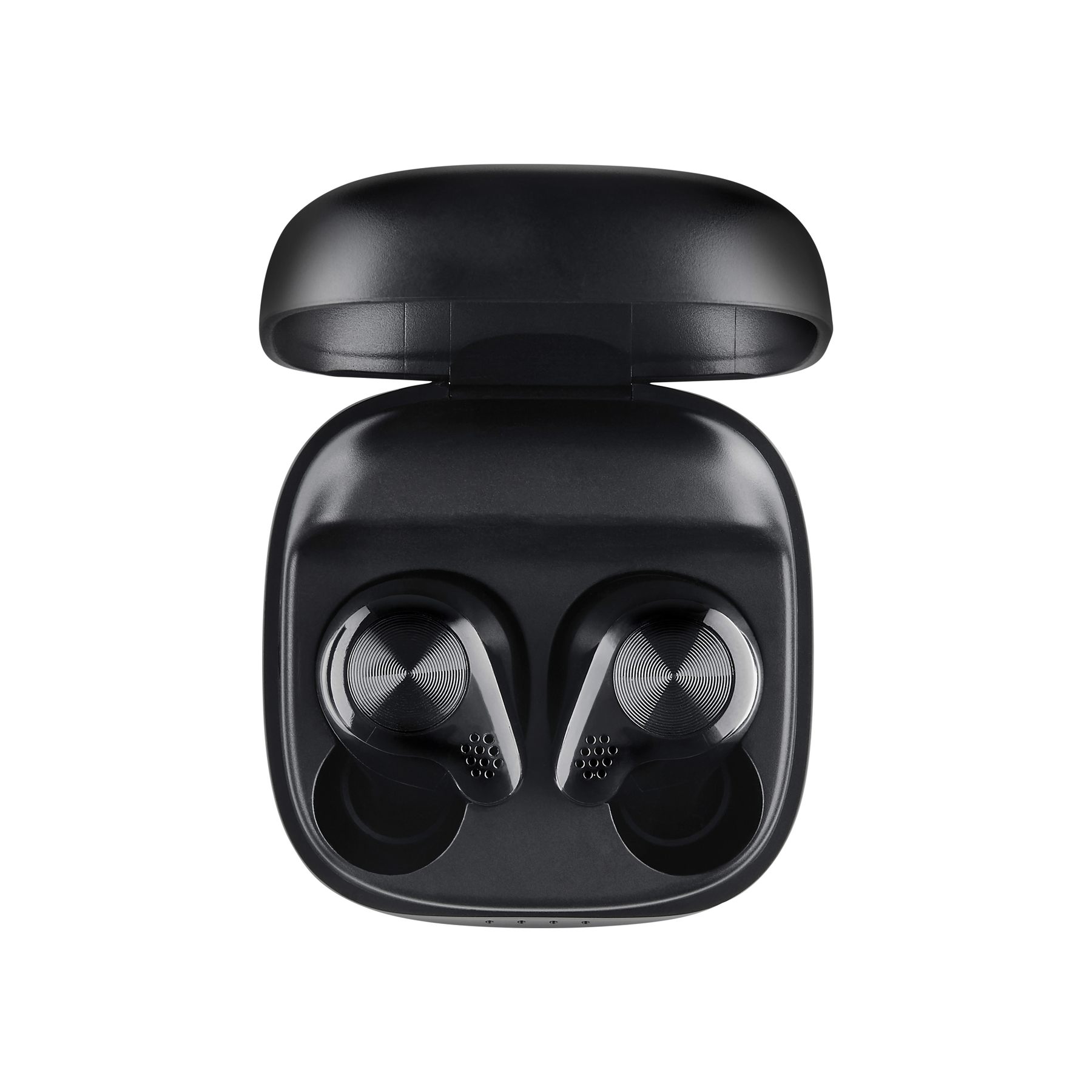 Auricolari wireless neri in una custodia di ricarica aperta. La custodia e gli auricolari sono neri su sfondo bianco.