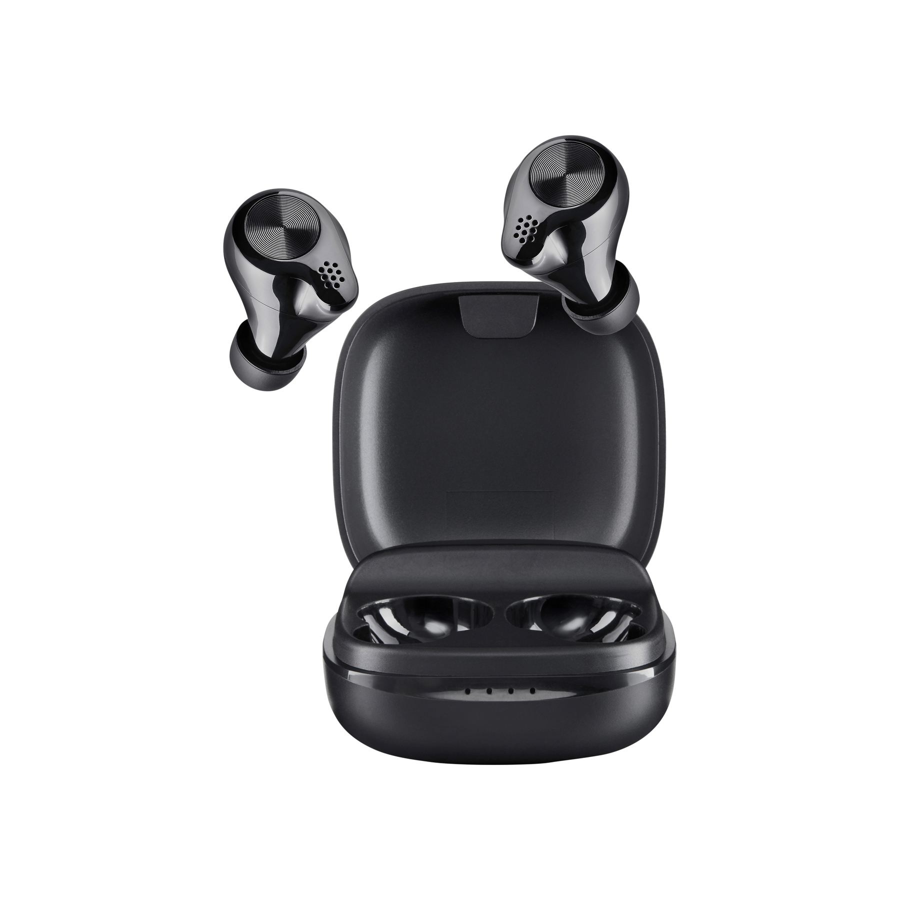 Auricolari wireless neri con custodia di ricarica. Due auricolari fuori dalla custodia, sopra.