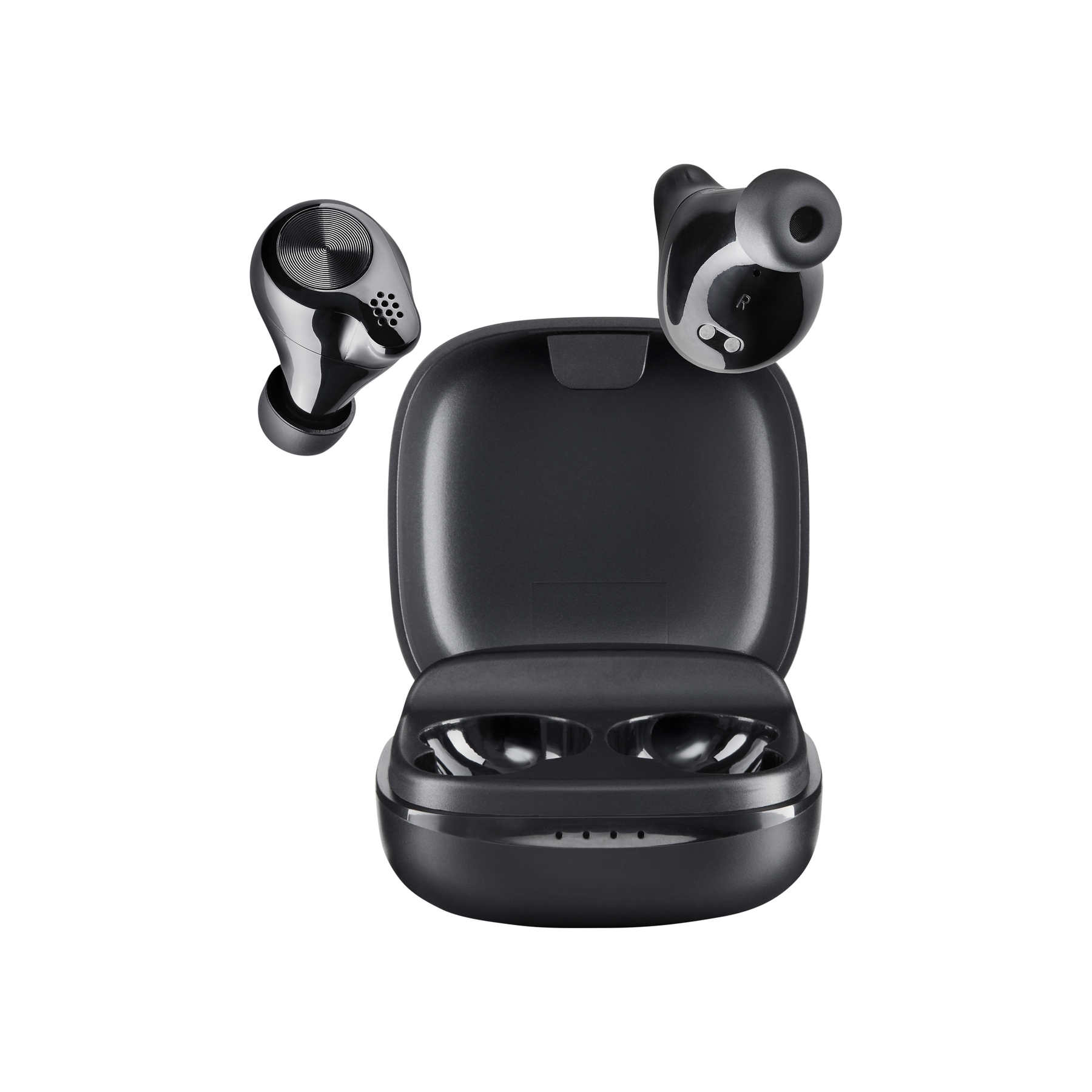 Auricolari wireless neri e custodia di ricarica su sfondo bianco. Un auricolare è nella custodia, due fluttuano sopra.