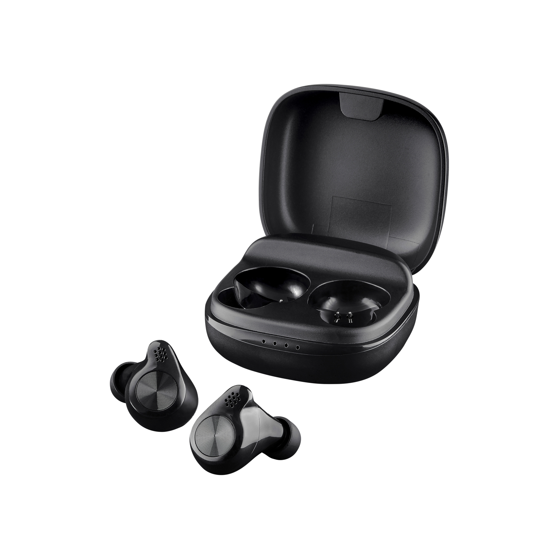 Auricolari wireless neri e custodia di ricarica. Due auricolari sono vicino alla custodia aperta. Isolati su sfondo bianco.