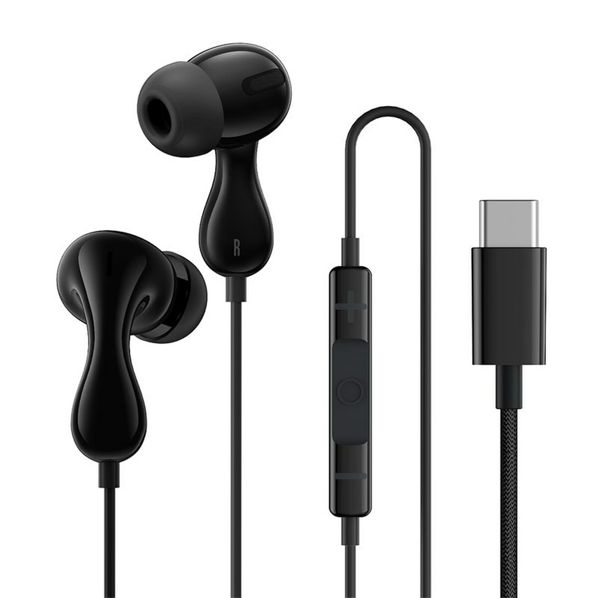 Black earbuds with a control module and USB-C connector. The earbuds are glossy, the cable is thin, and the background is white.