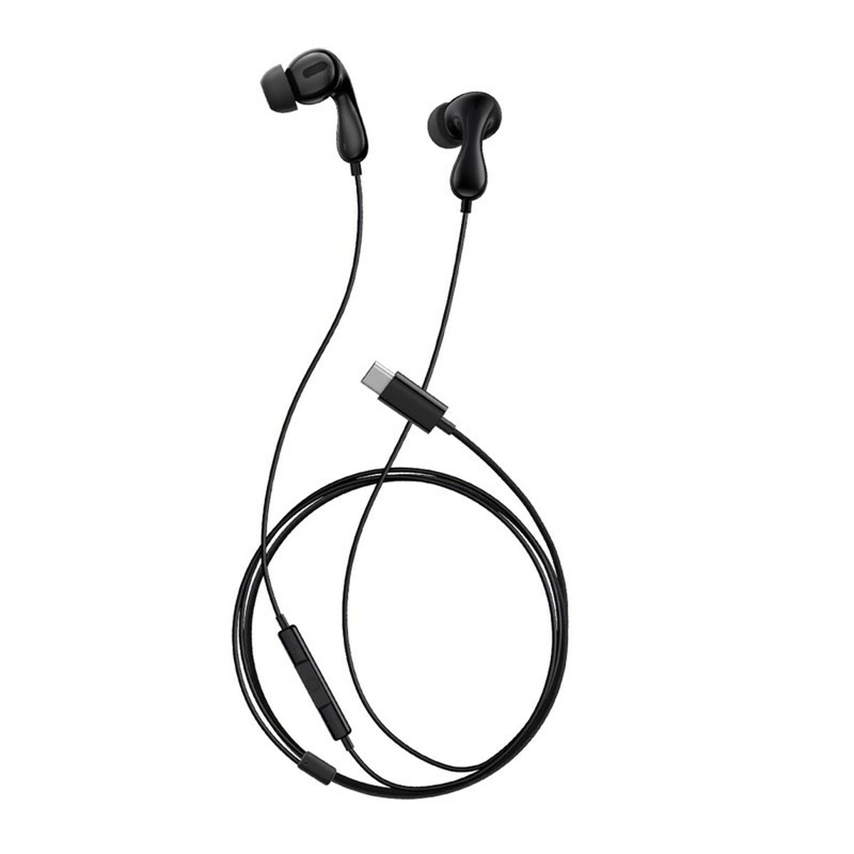 Black wired earbuds with a USB-C connector. The cable forms a loop. A control module is present on the wire.