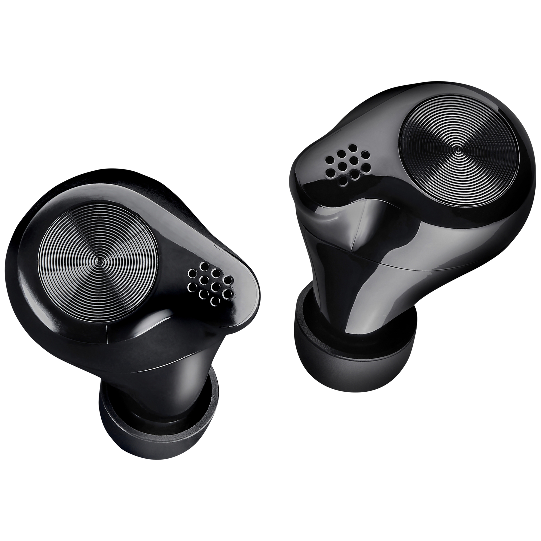 Due auricolari wireless neri su sfondo bianco. Ogni auricolare ha una griglia per altoparlanti e un design a cerchi concentrici.