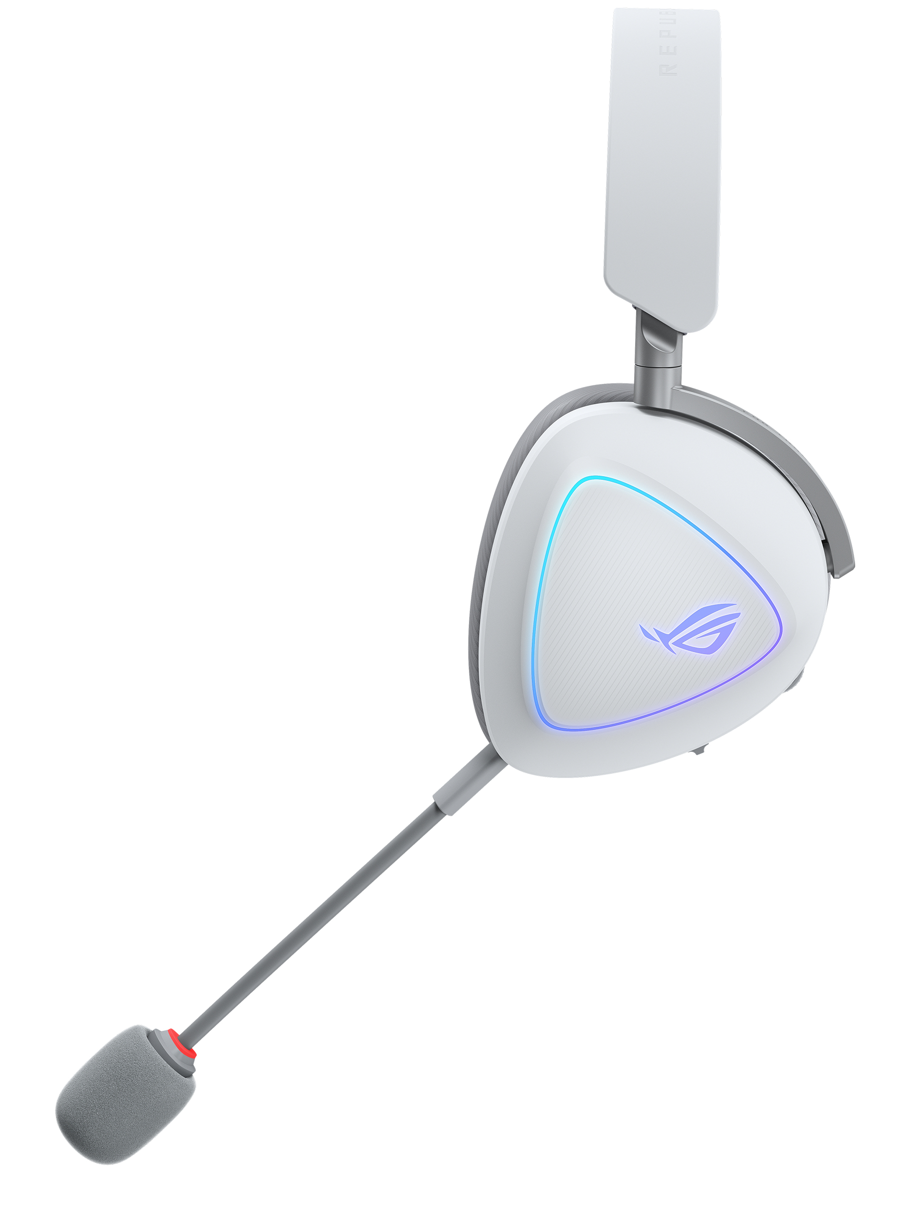 Biało-szary zestaw słuchawkowy dla graczy z mikrofonem. Zestaw ma świecące logo na nauszniku.