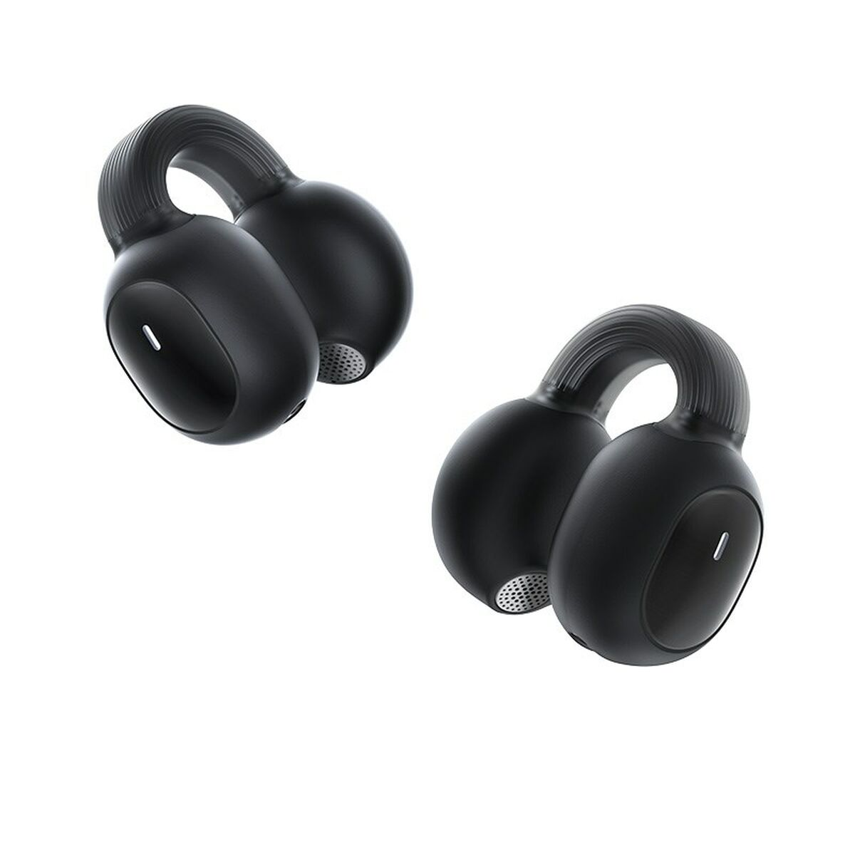 Due auricolari wireless neri con ganci per le orecchie, su sfondo bianco. Ogni auricolare ha una piccola luce e una sezione a rete.