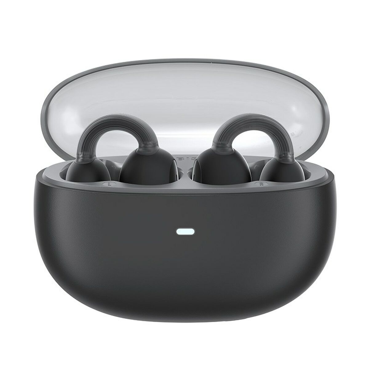 Custodia nera per auricolari con coperchio aperto. All'interno ci sono due auricolari neri. Una piccola luce bianca è sulla custodia.