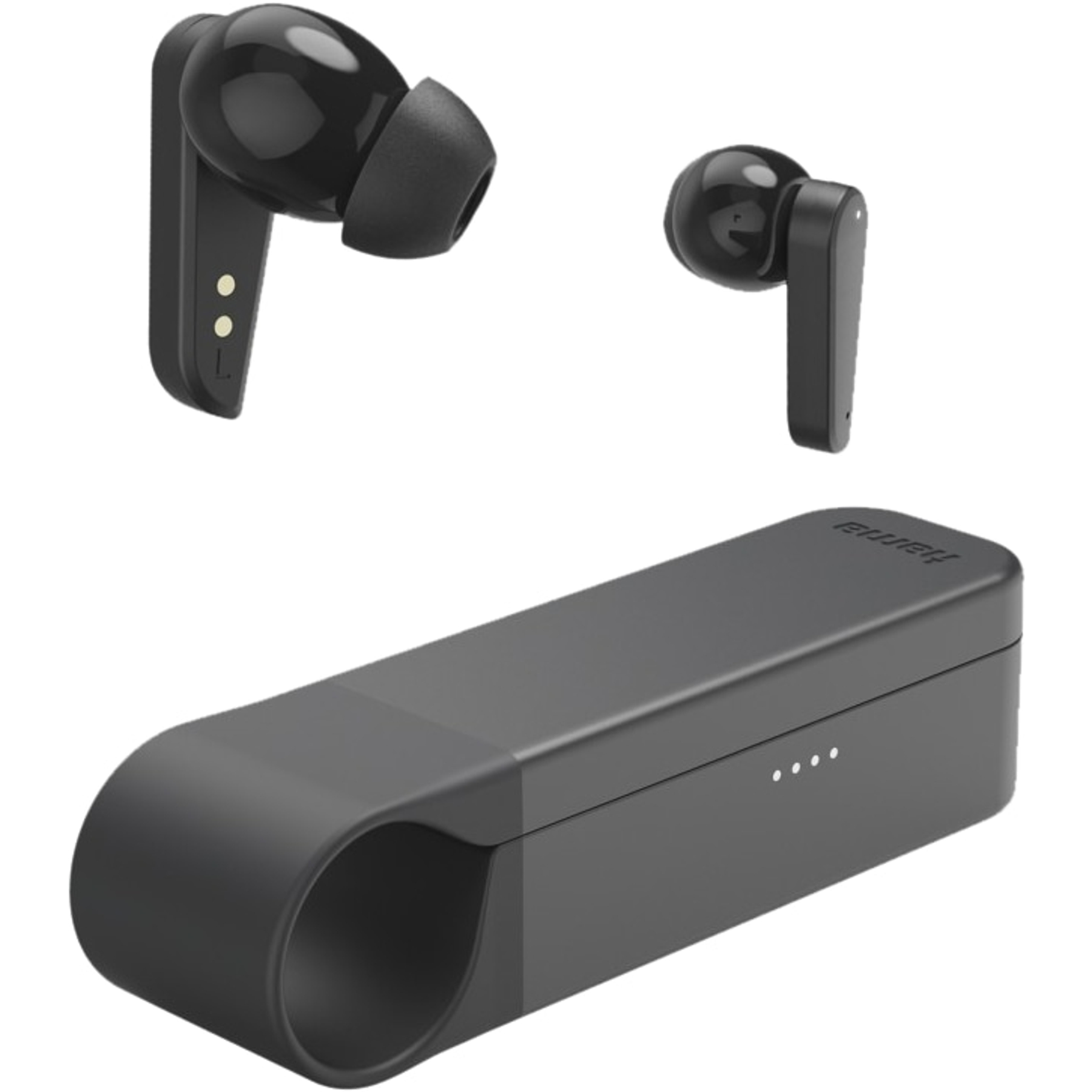 Czarne bezprzewodowe słuchawki i etui ładujące. Słuchawki są nad etui.