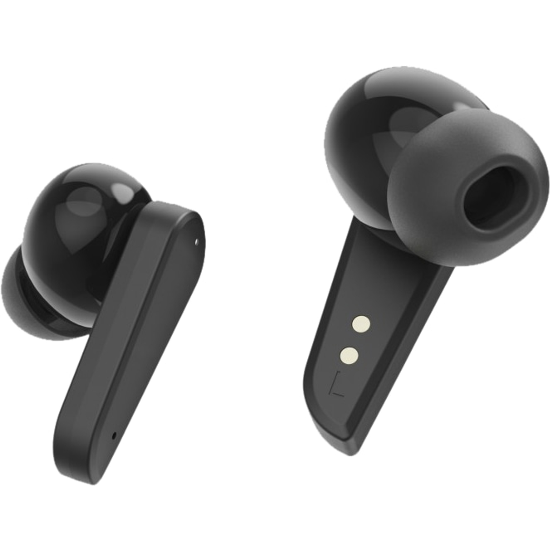 Dwa czarne bezprzewodowe słuchawki, jedna z włożoną końcówką. Oba mają błyszczące czarne powierzchnie na białym tle.